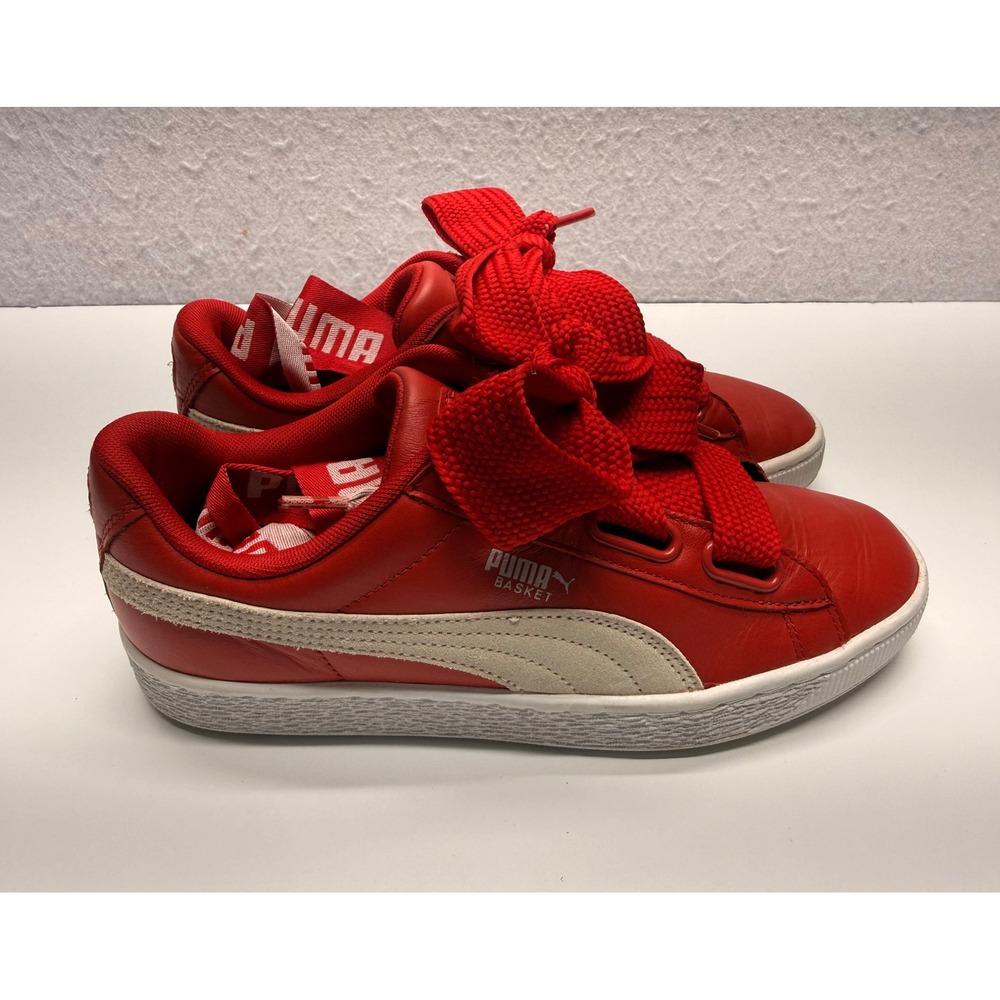 Puma Basket Heart Red Leather Ribbon Lace Sneakers 364082 03 Womens 9